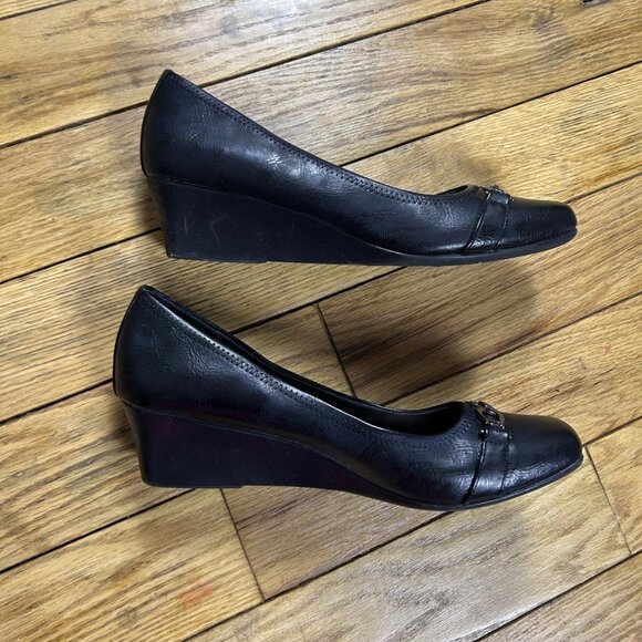 LifeStride Black Faux Leather Square Toe Buckle Wedge Heels - Picture 2 of 6